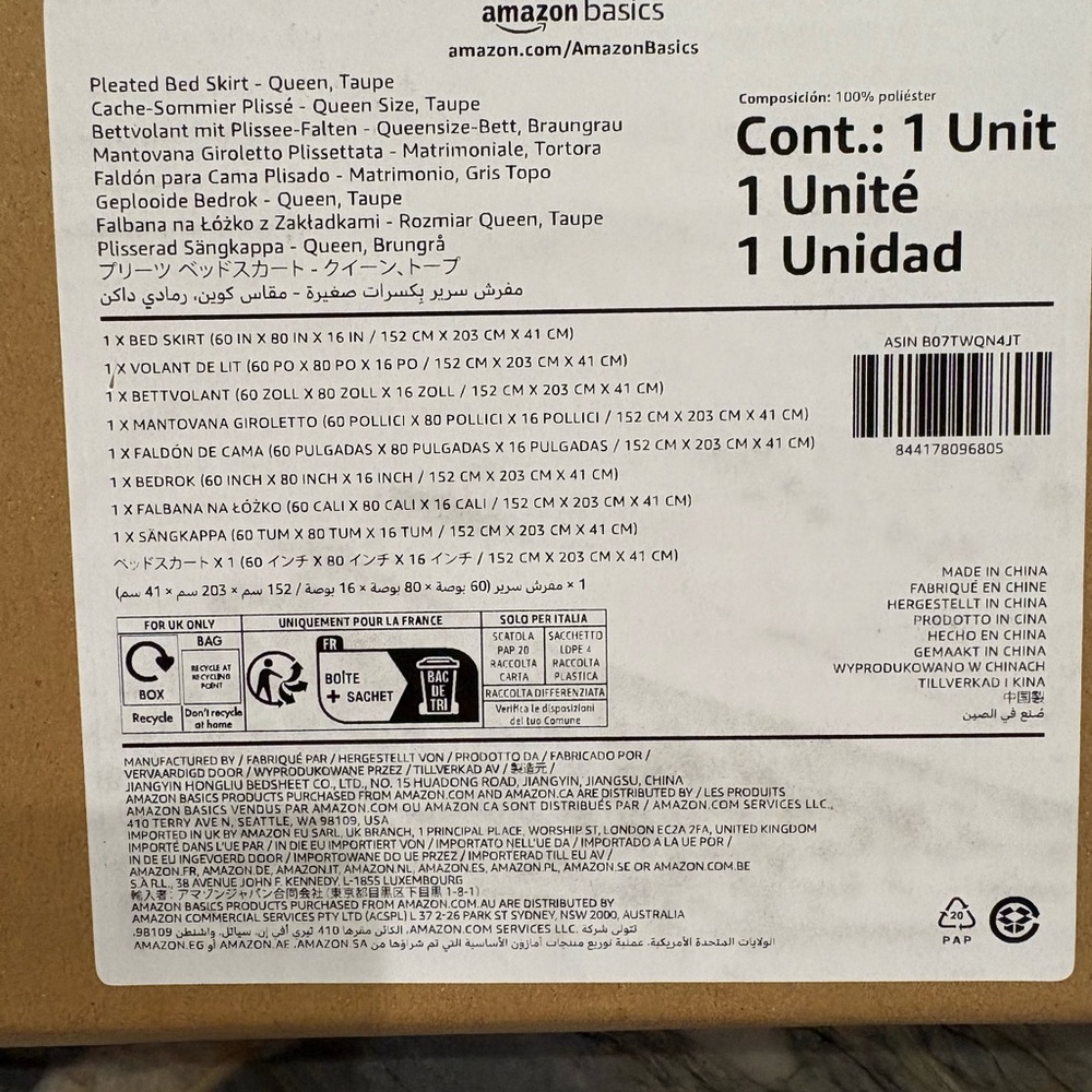 NEW, Amazon Basics Pleated Bed Skirt - Taupe, Size Queen (60x80x16)